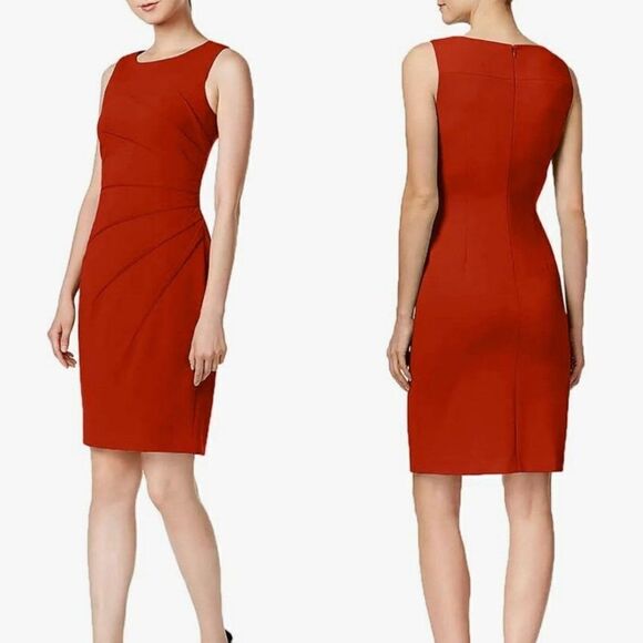 Calvin Klein Sleeveless Sheath Dress 6 Red Starburst Ruched Tea Length Holiday - Picture 2 of 12